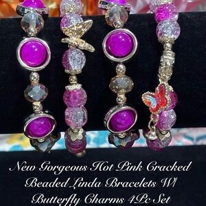 Springtime Linda Hot Pink Glass Beaded Bracelet Set W/Butterfly Charms 4pc